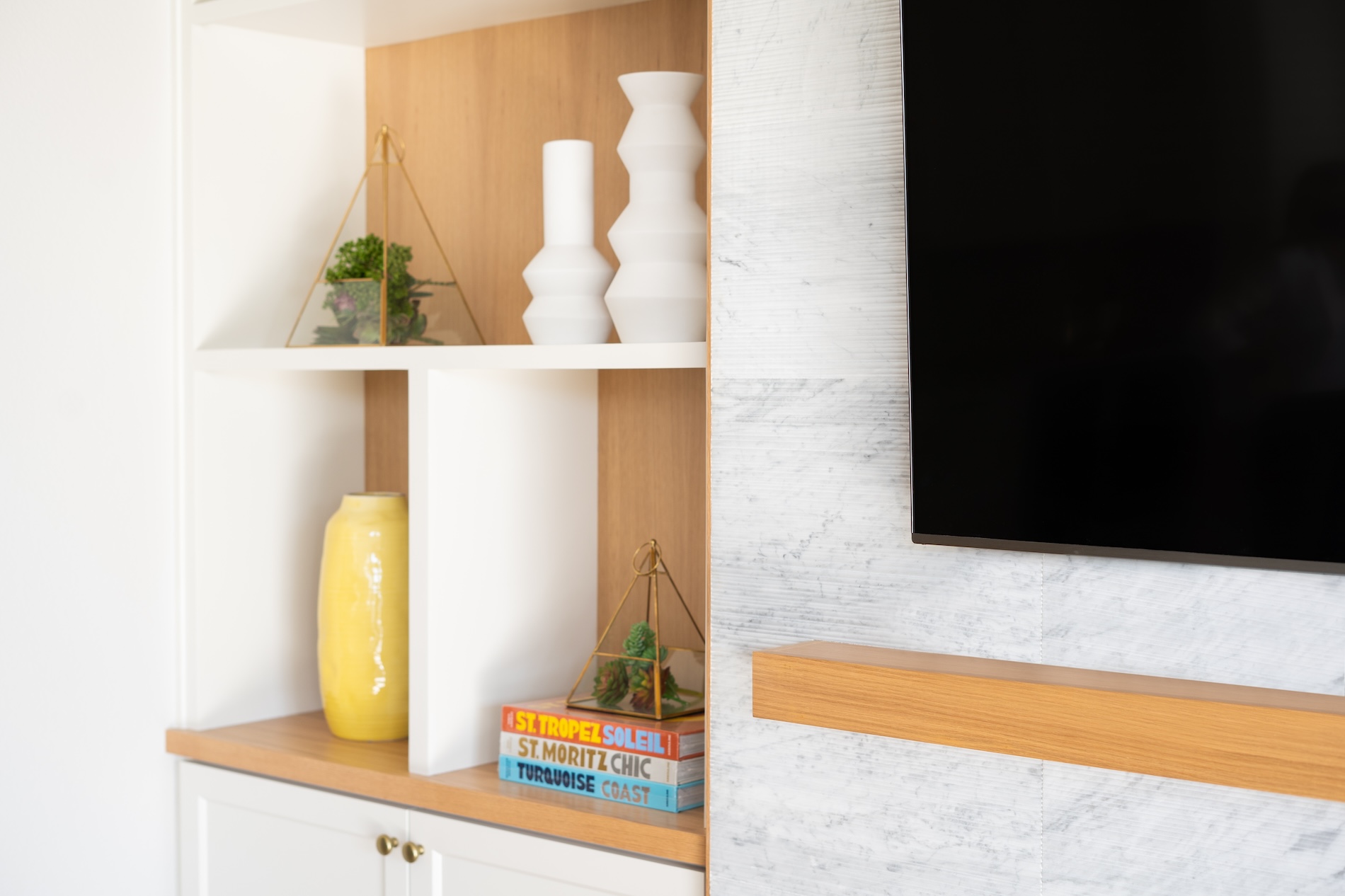 Built In Shelves Next To Mounted Tv Living Room
