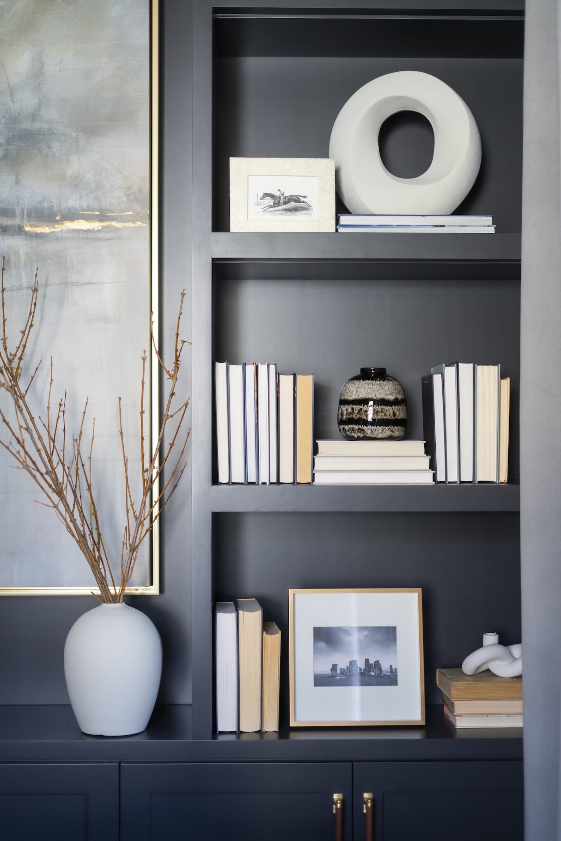Dark Monochrome Built In Bookshelves Home Office