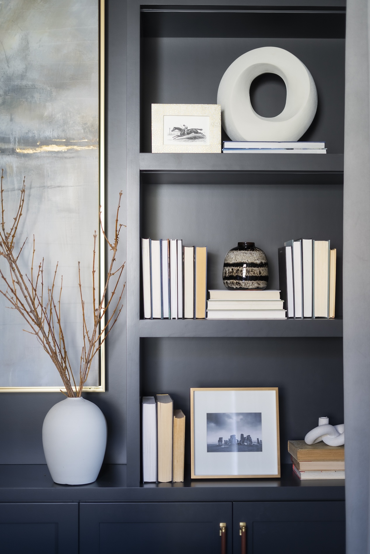 Dark Monochrome Built In Bookshelves Home Office