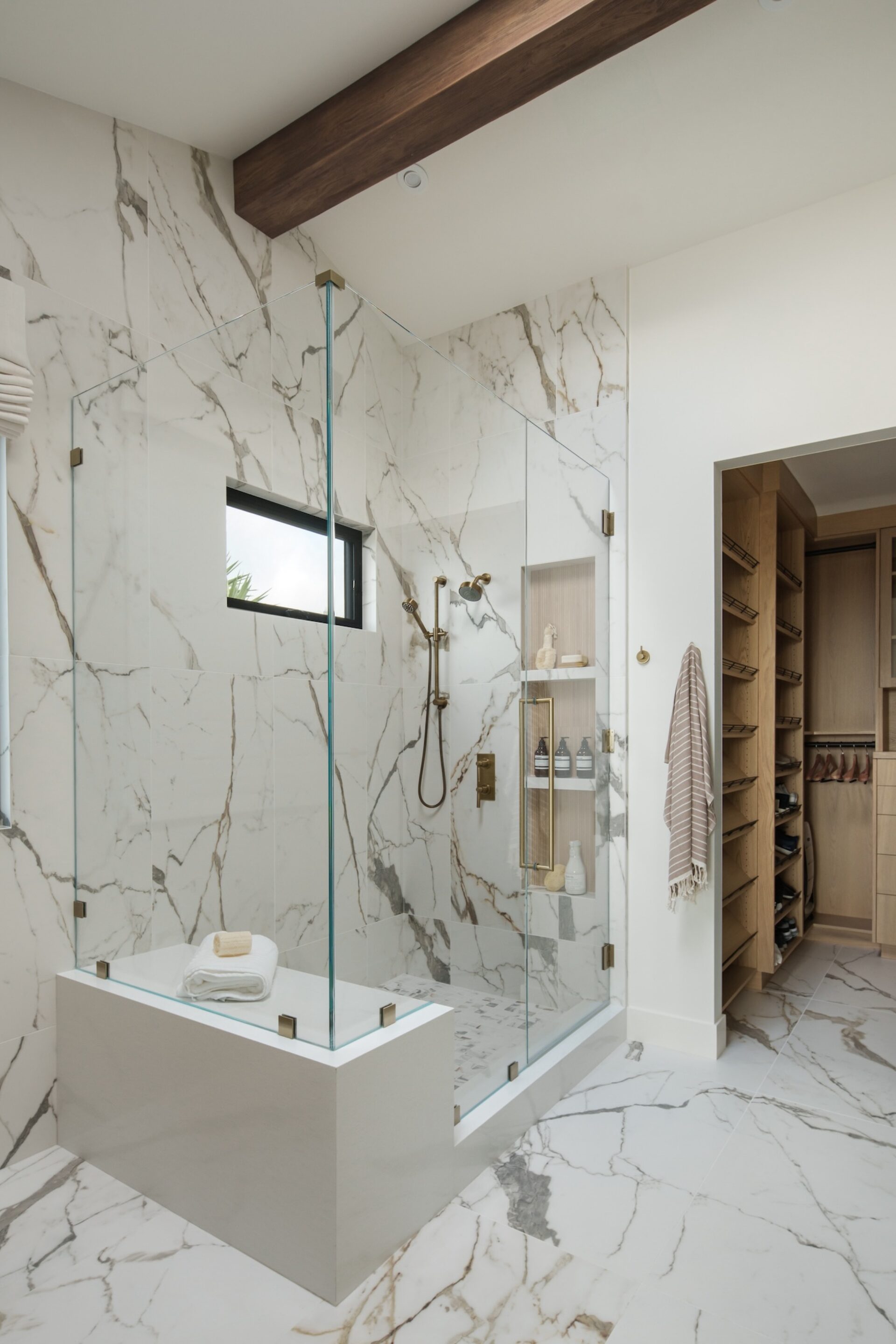 Primary Bathroom Interior Design White Marble Shower