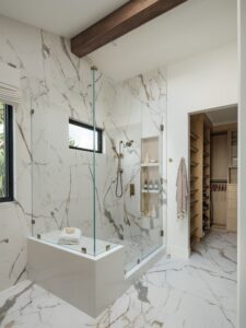 Primary Bathroom Interior Design White Marble Shower